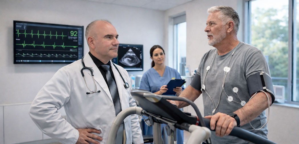 Physician at Aspen View Urgent Care reviewing cardiac testing and EKG monitors with a patient in Rancho Cucamonga